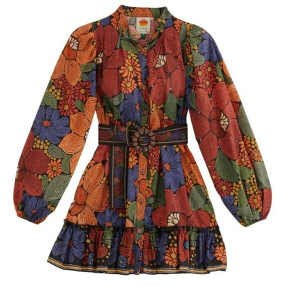 Farm Rio Black Stitched Flowers Long Sleeve Mini Dress - Picture 2 of 13